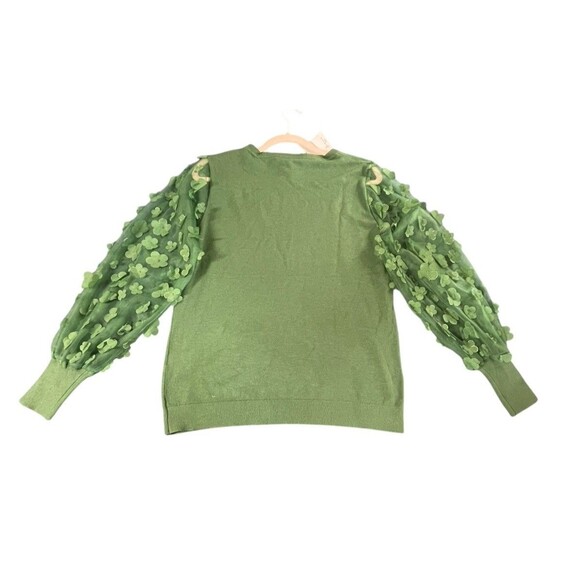 Sioni Milano Women's Green Crew Sweater Sheer Sleeves Flower Embellished Size L - Picture 13 of 14